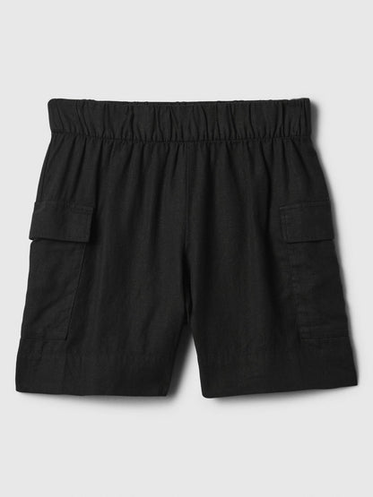 Siyah Keten Karışımlı Pull-on Kargo Şort