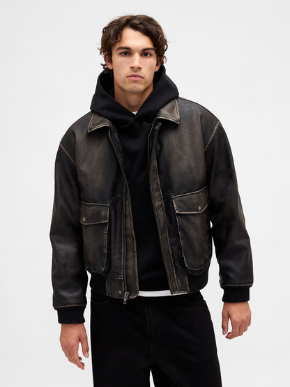 Siyah Recycled Vegan Deri Bomber Ceket