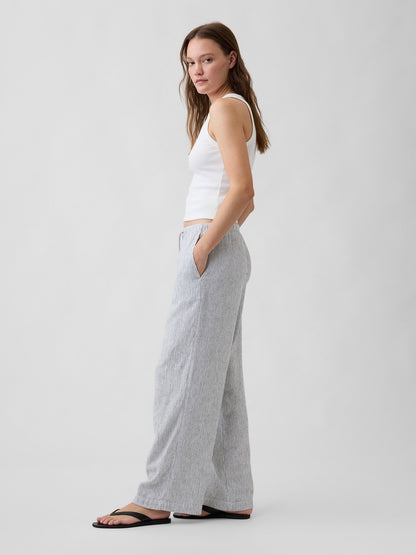 Lacivert Relaxed Keten Karışımlı Wide-leg Pantolon