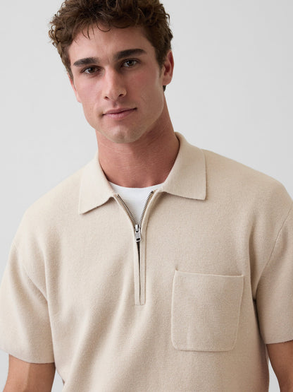 Bej Oversized Yarım Fermuarlı Cepli Triko Polo T-shirt
