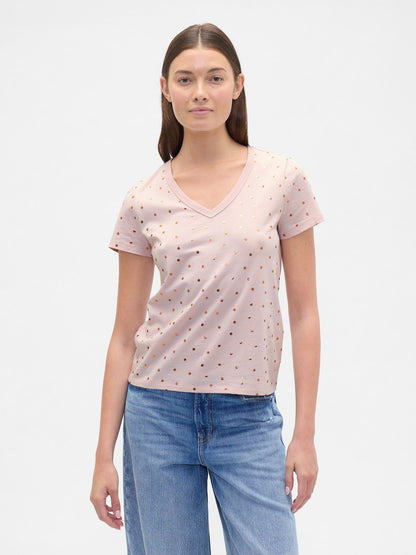 Açık Pembe V Yaka Grafik T-shirt