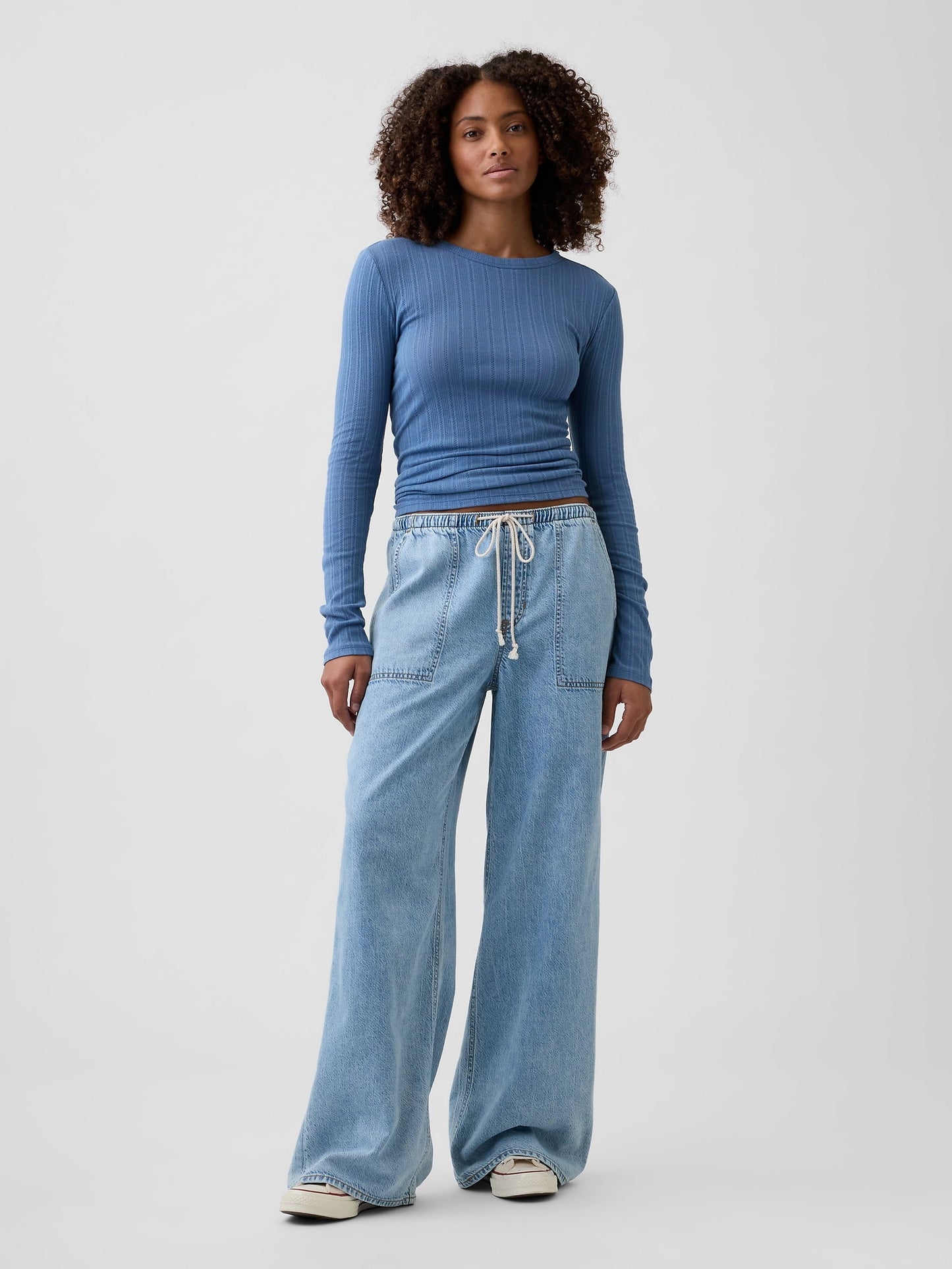 Açık Mavi Mid Rise Pull-on Süper Hafif Wide-leg Jean Pantolon