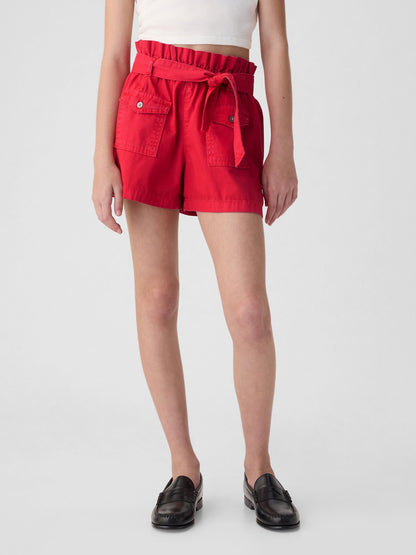 Kırmızı High Rise Paperbag Denim Şort