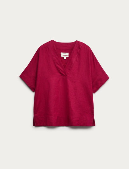 %100 Keten V Yaka Popover Bluz