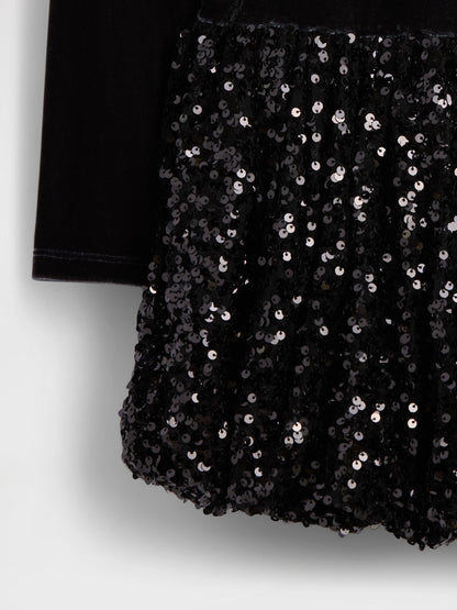 Siyah Mixed Media Sequin Balon Elbise