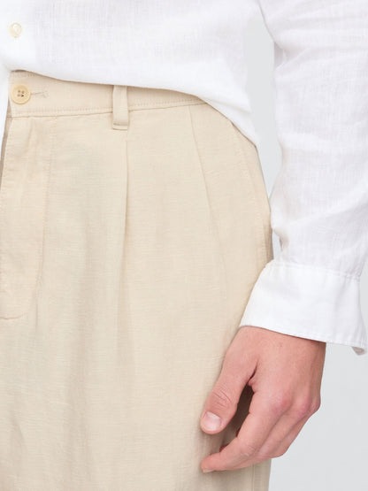 Bej Keten Pamuk Karışımlı '90s Loose Pileli Khaki Pantolon