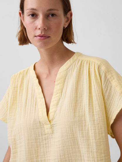 Sarı Pamuk Gauze Oversized Split-neck Üst