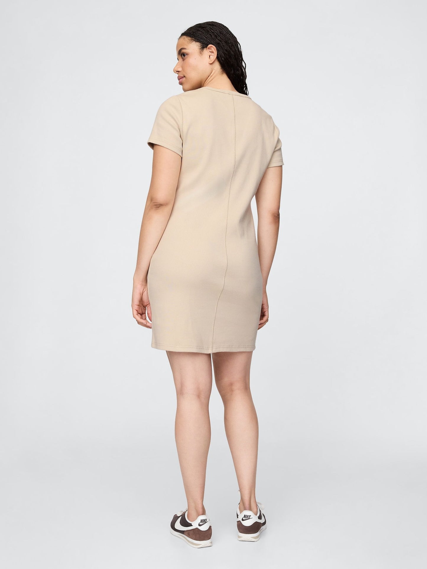 Bej Fitilli Mini T-shirt Elbise