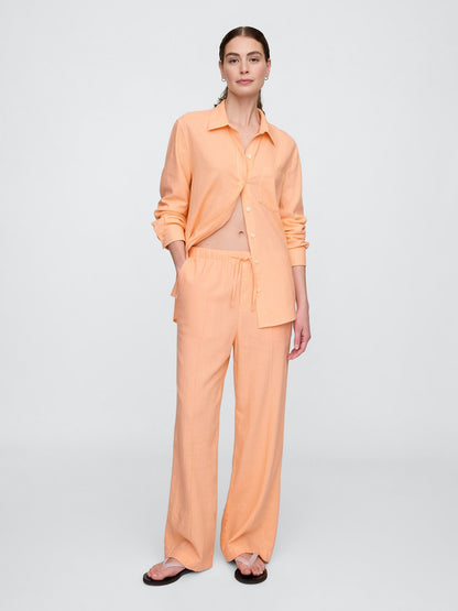 Turuncu Mid Rise Keten Karışımlı Pull-on Wide-leg Pantolon