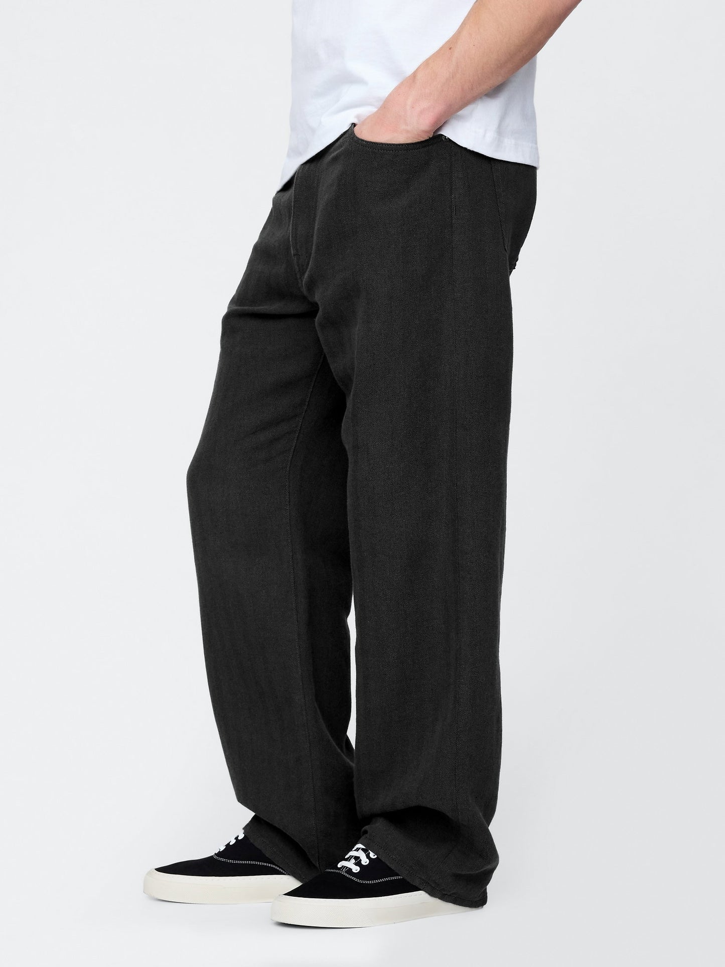 Siyah Keten Karışımı 90's Loose Herringbone Pantolon