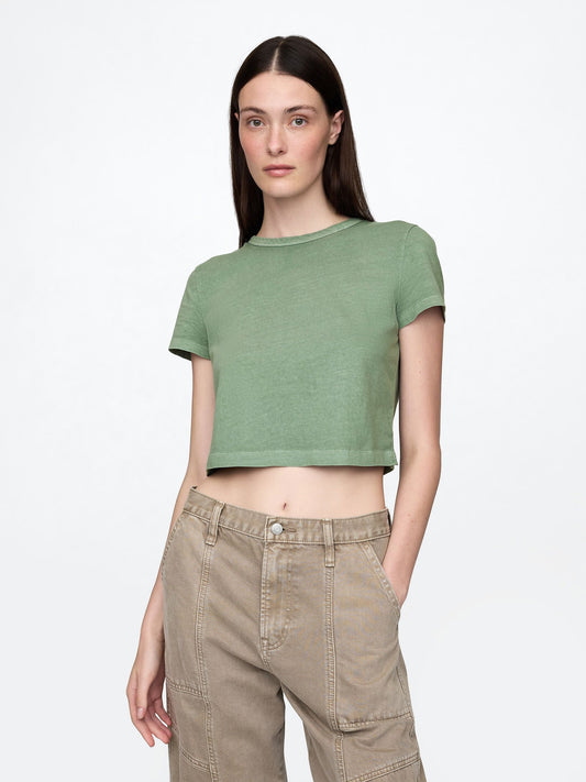 Yeşil %100 Organik Pamuk Vintage Soft Crop T-Shirt