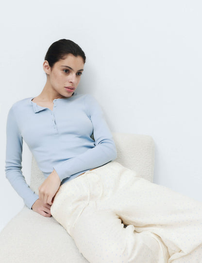 Pamuk Karışımlı Puantiyeli Henley Yaka Pijama Takımı
