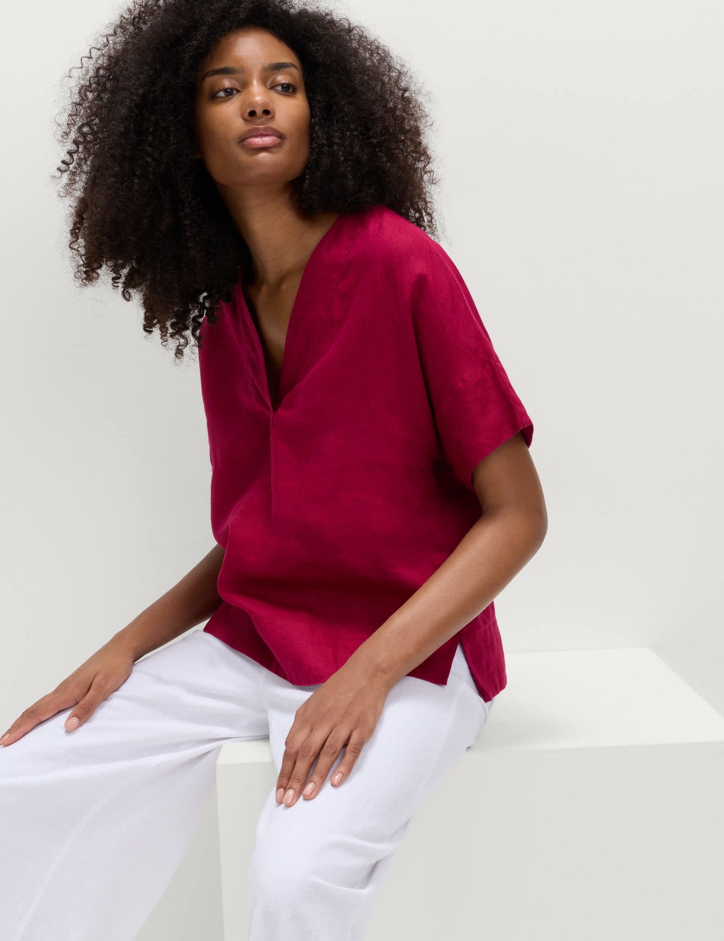 %100 Keten V Yaka Popover Bluz