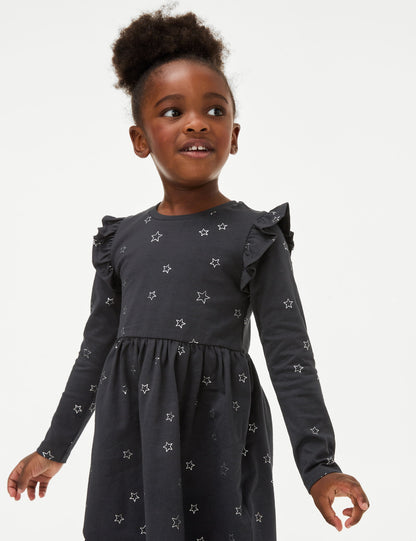 Saf Pamuklu Yıldız Desenli Elbise (2-8 Yaş)