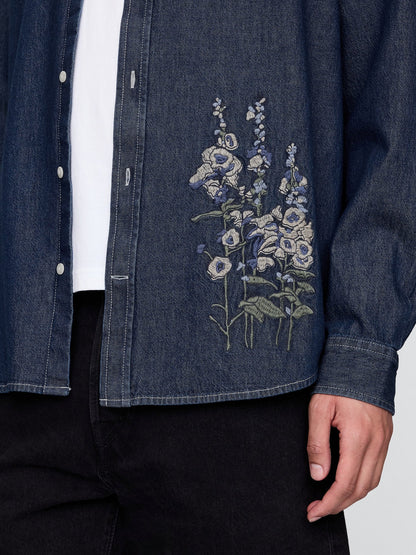 Lacivert Işlemeli Denim Big Gömlek