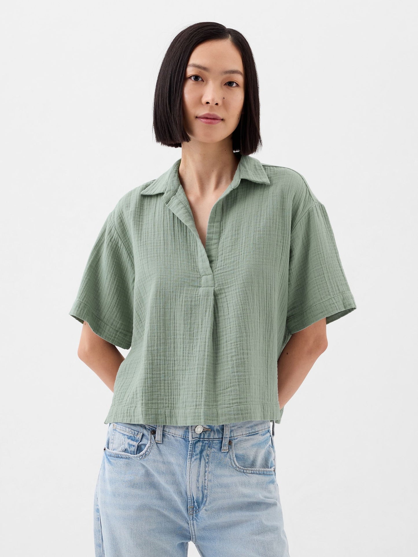 Yeşil Relaxed Gauze Popover Bluz
