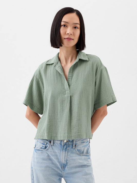 Yeşil Relaxed Gauze Popover Bluz