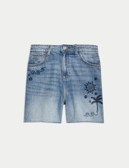 Çiçek Nakışlı Denim Şort (6–16 Yaş)