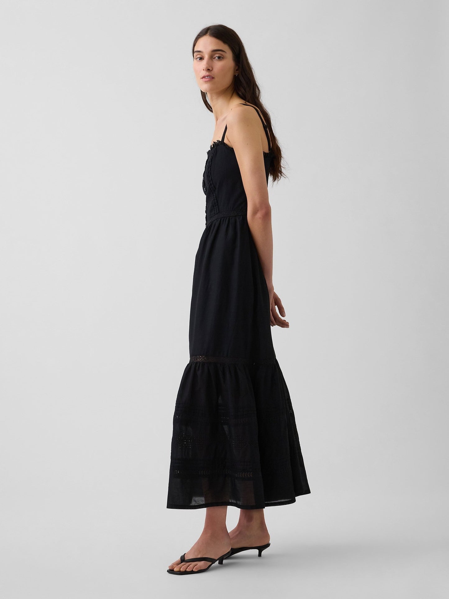 Siyah Eyelet Tiered Maxi Elbise