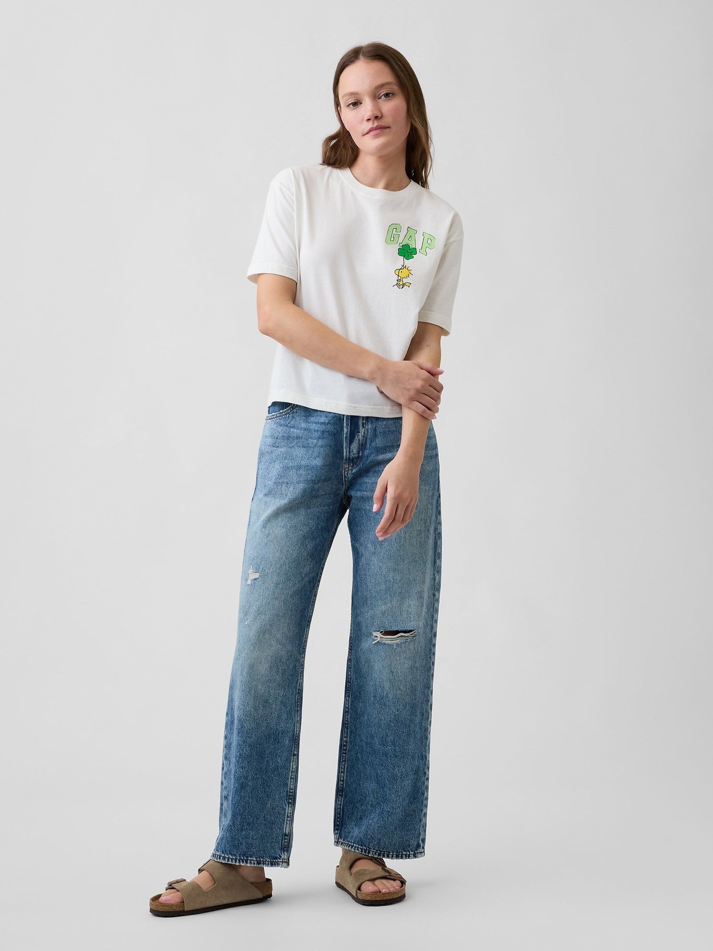 Beyaz Peanuts Oversized Bisiklet Yaka T-shirt
