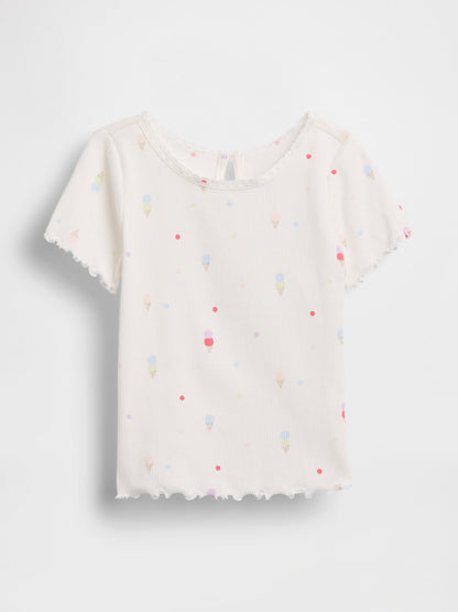 Beyaz Dondurma Işlemeli Fitilli T-shirt
