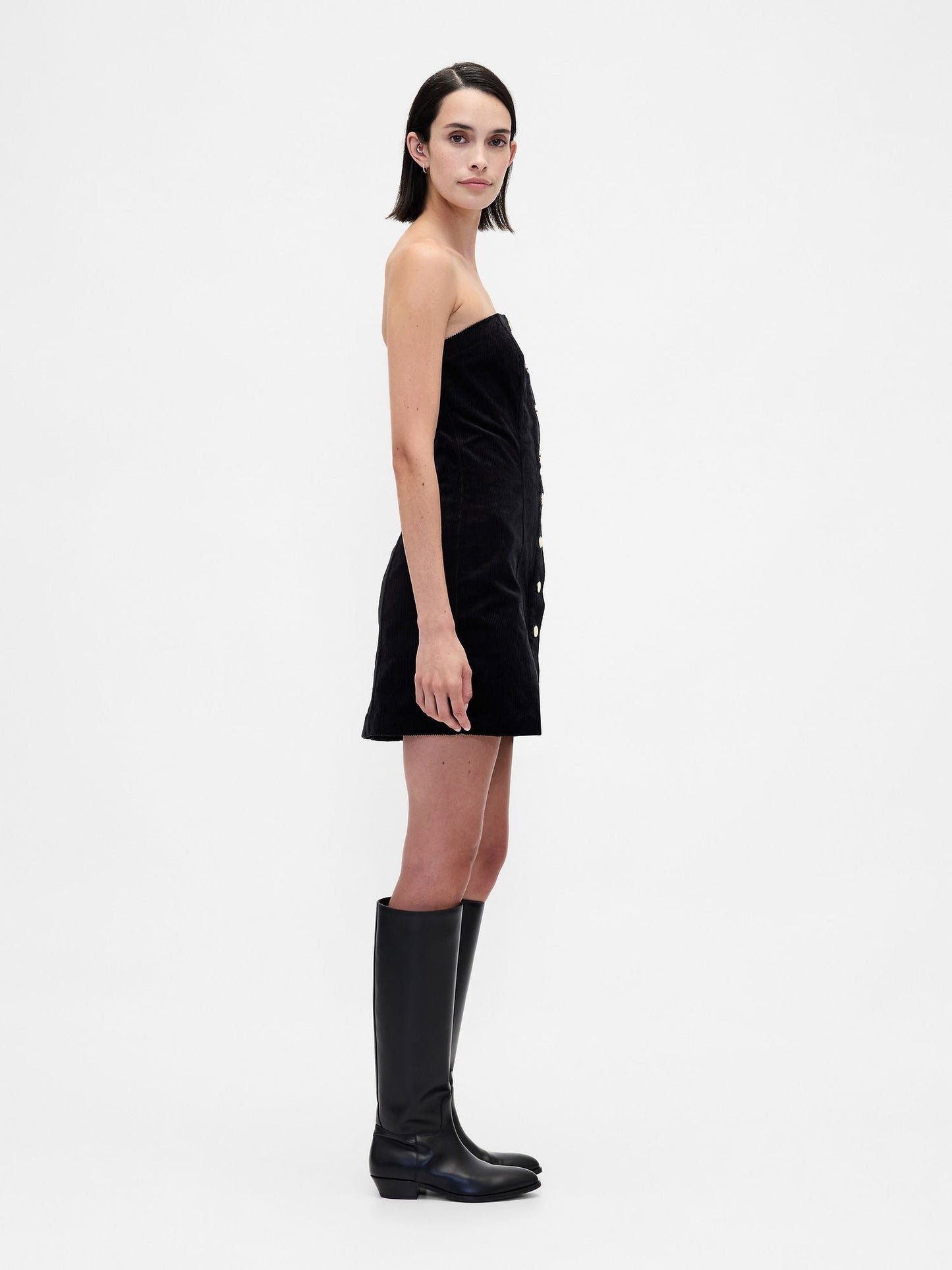 Siyah Corduroy Strapless Mini Elbise