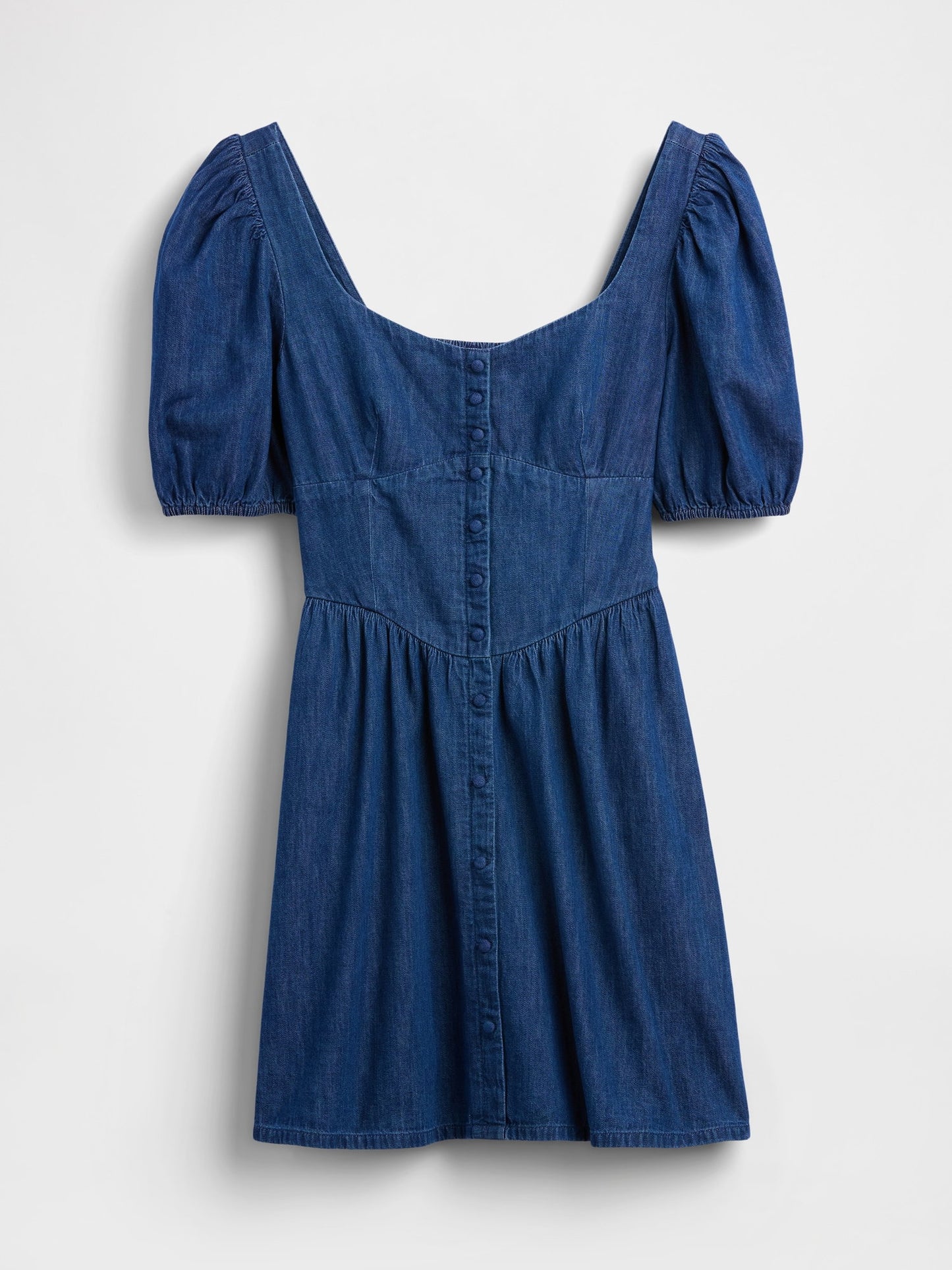 Mavi Denim Puff-sleeve Kalp Yaka Mini Elbise