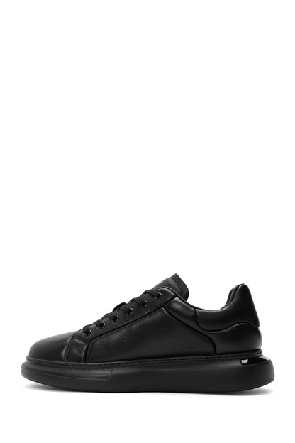 Erkek Siyah Bağcıklı Kalın Tabanlı Deri Sneaker