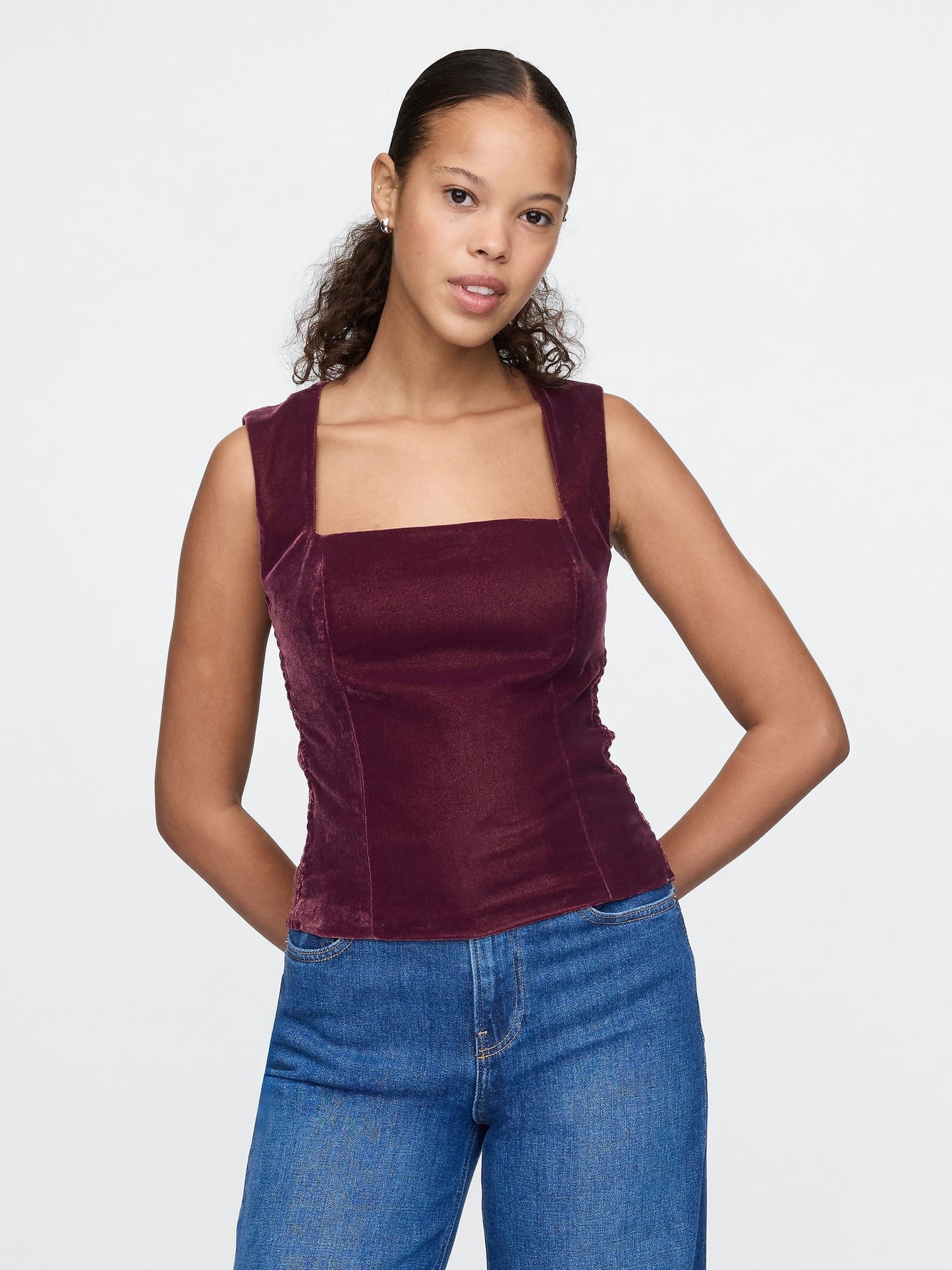 Kırmızı Kadife Kare Yaka Crop Bluz