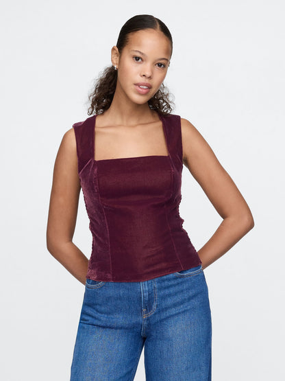 Kırmızı Kadife Kare Yaka Crop Bluz