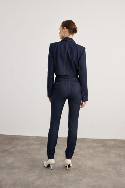 Çift Kemerli Yüksek Bel Lacivert Denim Pantolon