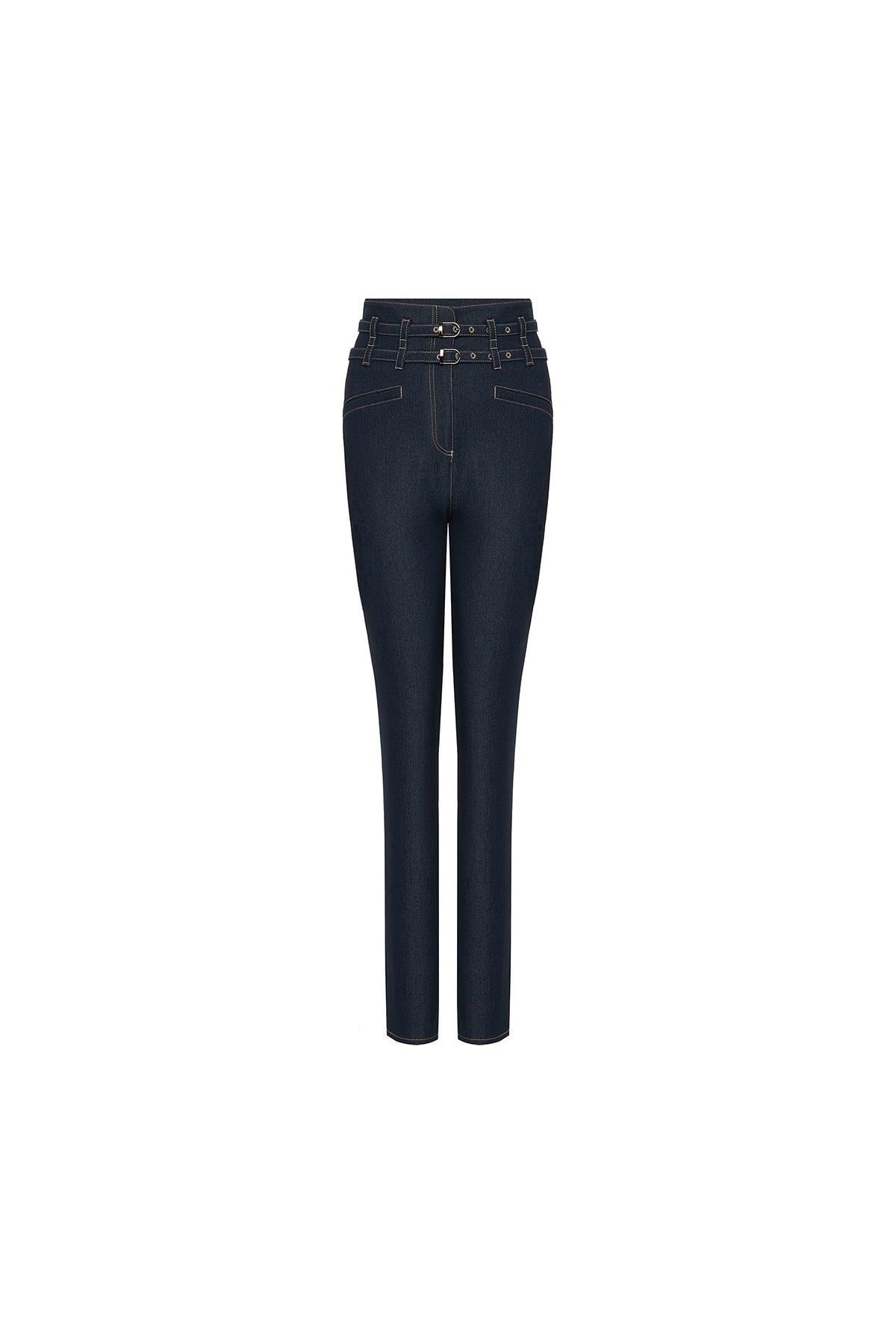 Çift Kemerli Yüksek Bel Lacivert Denim Pantolon
