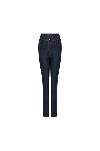 Çift Kemerli Yüksek Bel Lacivert Denim Pantolon