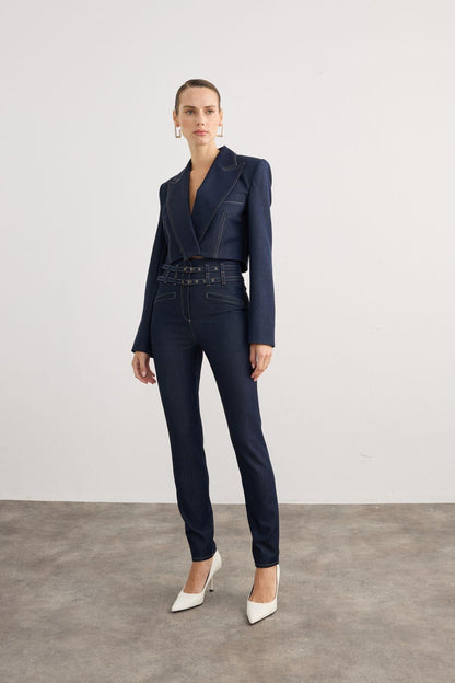 Çift Kemerli Yüksek Bel Lacivert Denim Pantolon