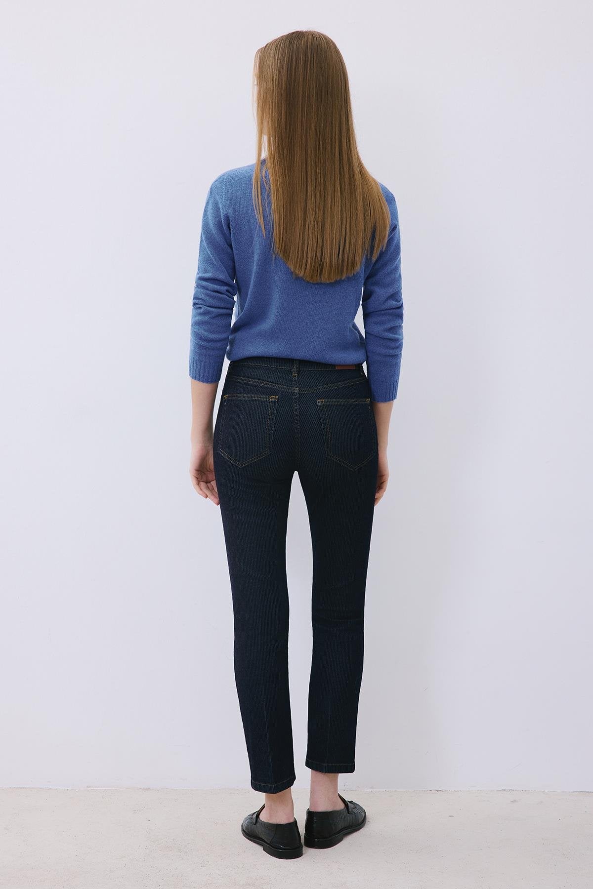 Çizgili Denim Yüksek Bel Lacivert Pantolon