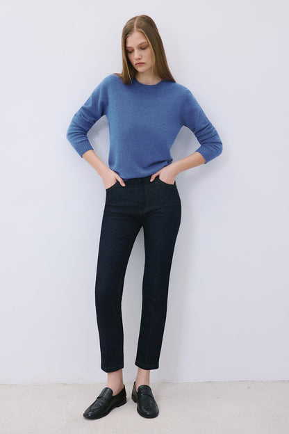 Çizgili Denim Yüksek Bel Lacivert Pantolon