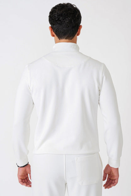 Comfort Fit %100 Pamuk Fermuarlı Polo Yaka Ekru Sweatshirt Swt 013