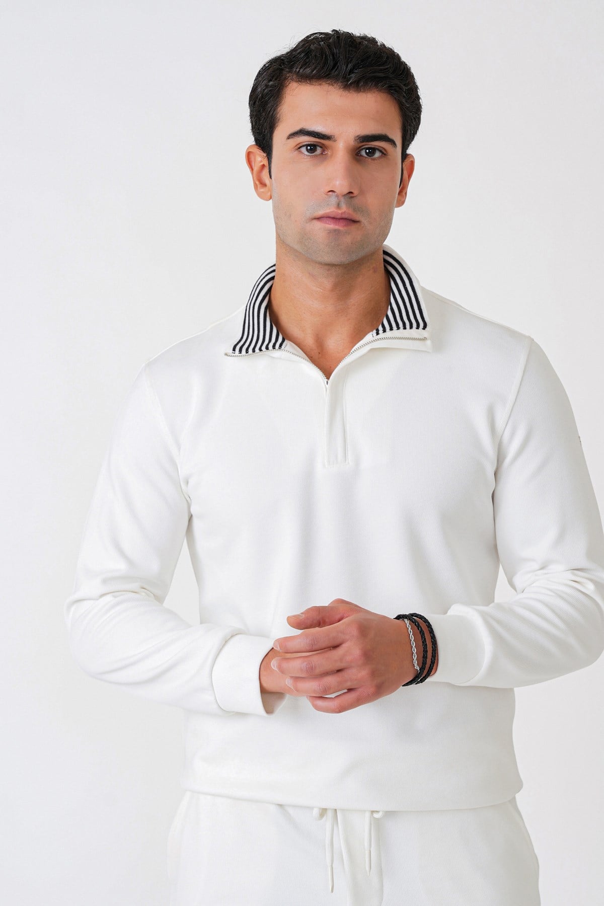 Comfort Fit %100 Pamuk Fermuarlı Polo Yaka Ekru Sweatshirt Swt 013