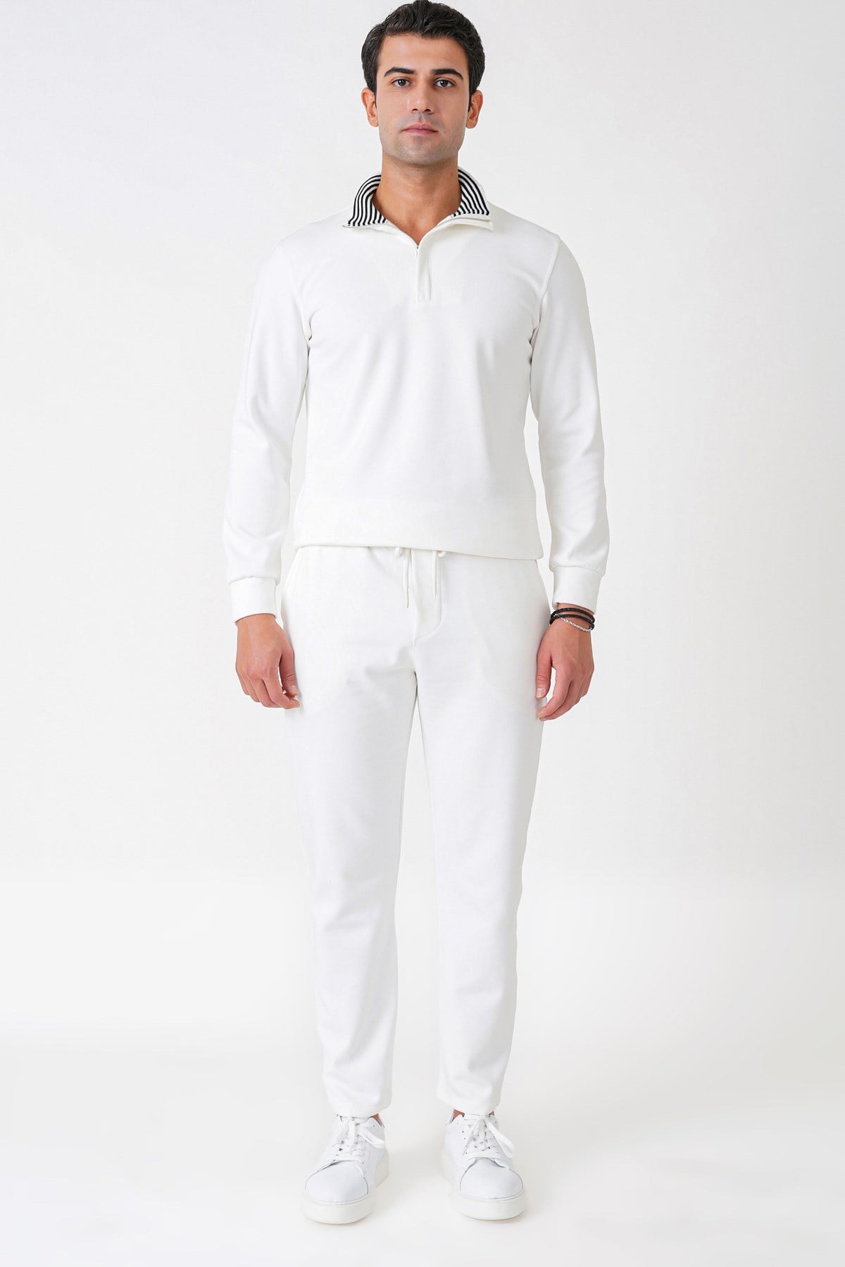Comfort Fit %100 Pamuk Fermuarlı Polo Yaka Ekru Sweatshirt Swt 013