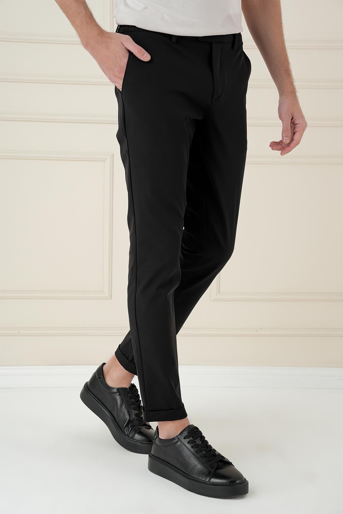 P 1173 Comfort Fit Beli Lastikli Esnek Casuel Siyah Pantolon
