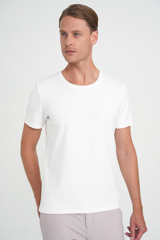 Comfort Fit Bisiklet Yaka Esnek Pamuk Düz Ekru Tişört Ts 915