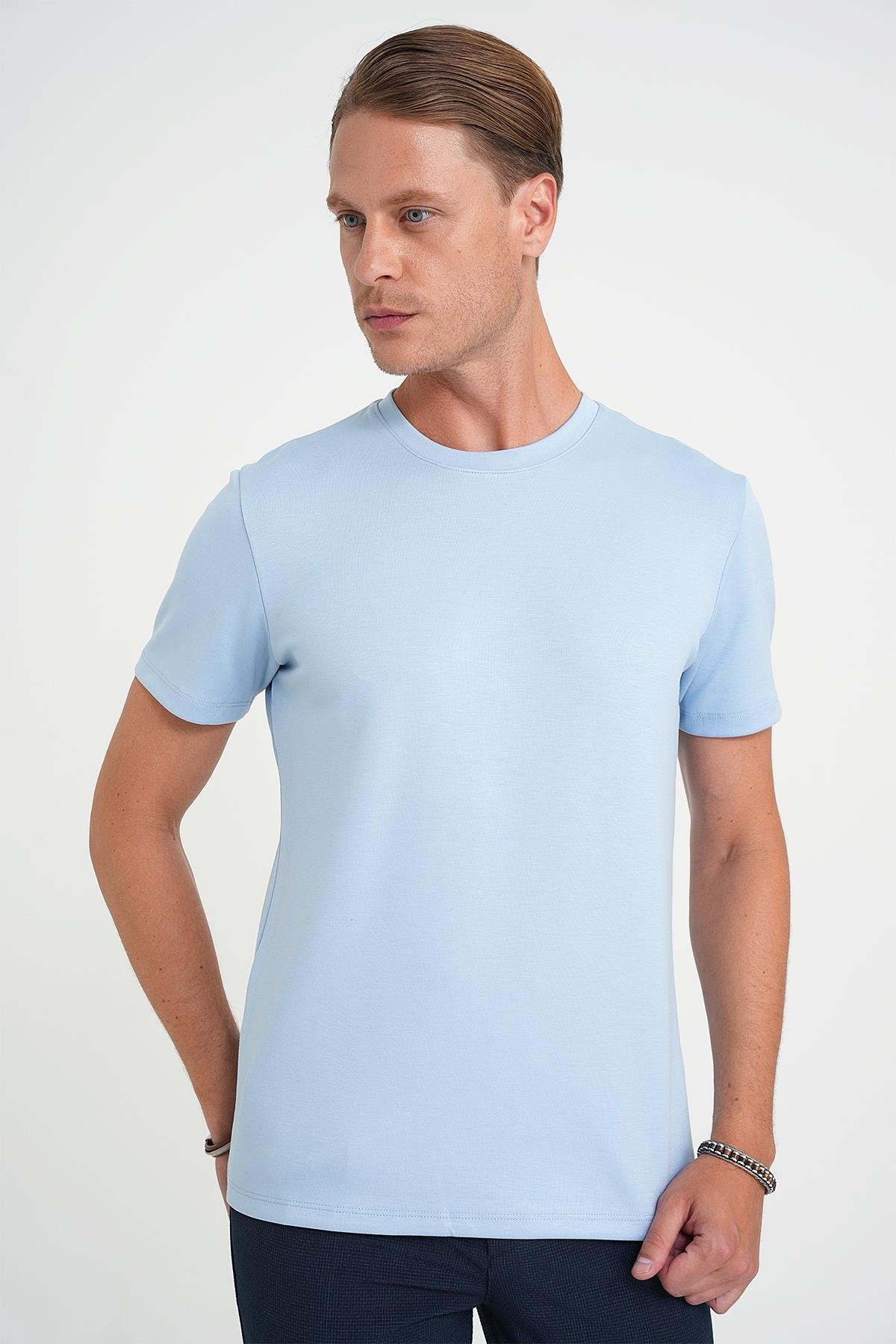 Ts 885 Comfort Fit Bisiklet Yaka Esnek Pamuk Casuel Mavi Tişört