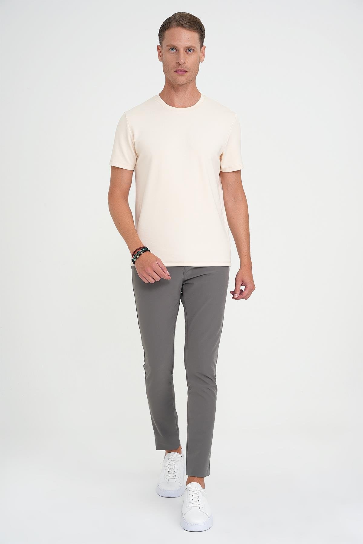 Ts 885 Comfort Fit Bisiklet Yaka Esnek Pamuk Casuel Krem Tişört