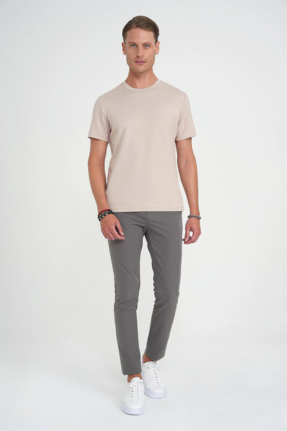 Ts 885 Comfort Fit Bisiklet Yaka Esnek Pamuk Casuel Bej Tişört