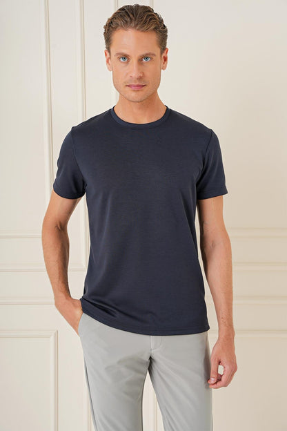 Ts 885 Comfort Fit Bisiklet Yaka Esnek Pamuk Casuel Lacivert Tişört