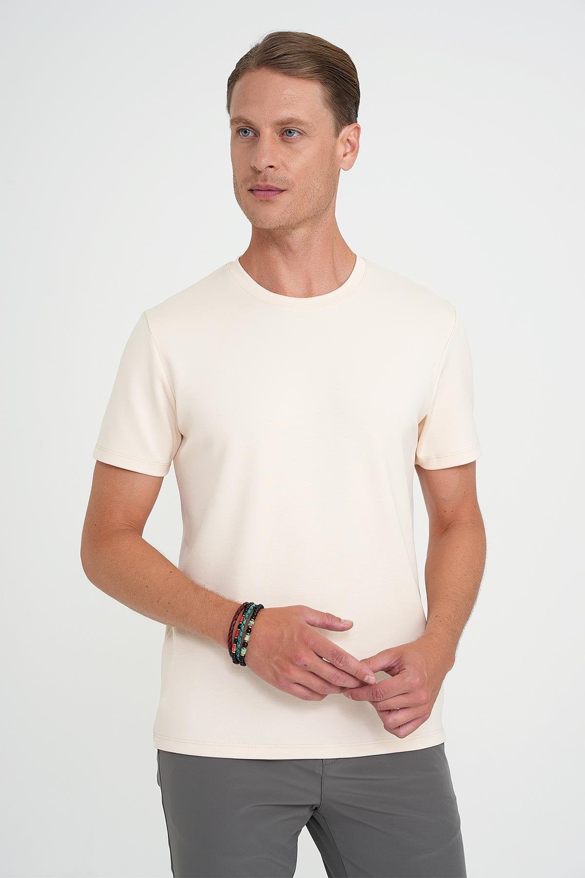 Ts 885 Comfort Fit Bisiklet Yaka Esnek Pamuk Casuel Krem Tişört