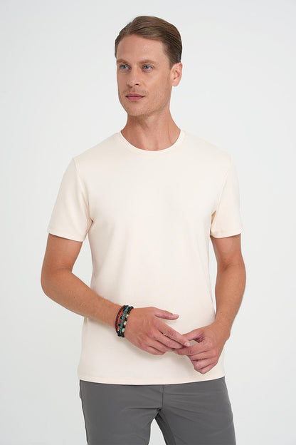 Ts 885 Comfort Fit Bisiklet Yaka Esnek Pamuk Casuel Krem Tişört
