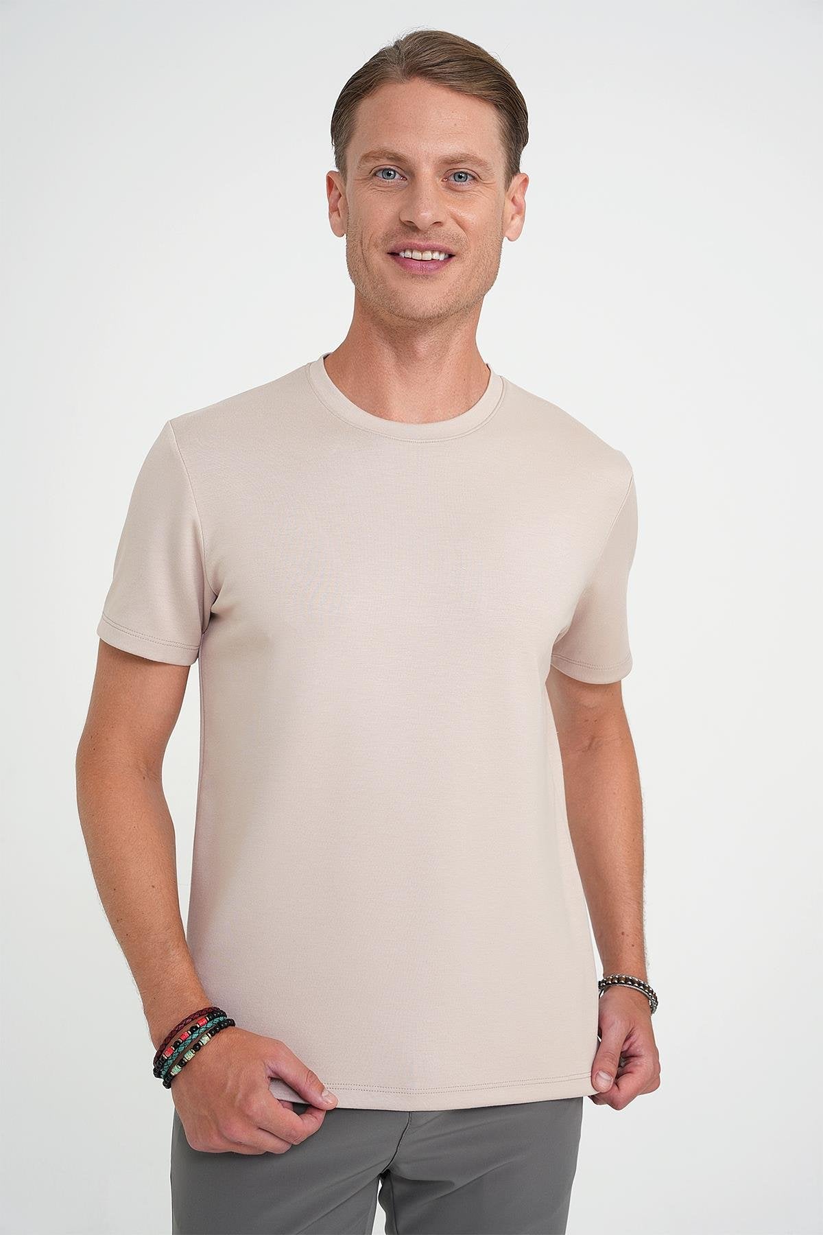 Ts 885 Comfort Fit Bisiklet Yaka Esnek Pamuk Casuel Bej Tişört