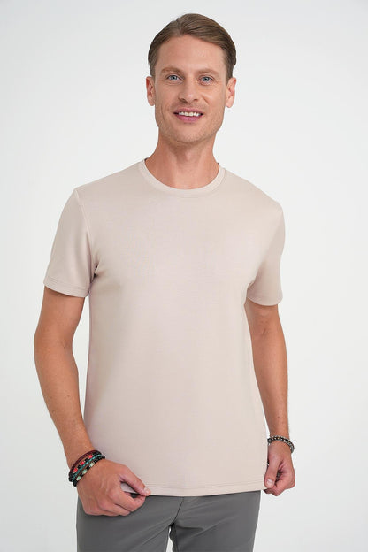 Ts 885 Comfort Fit Bisiklet Yaka Esnek Pamuk Casuel Bej Tişört