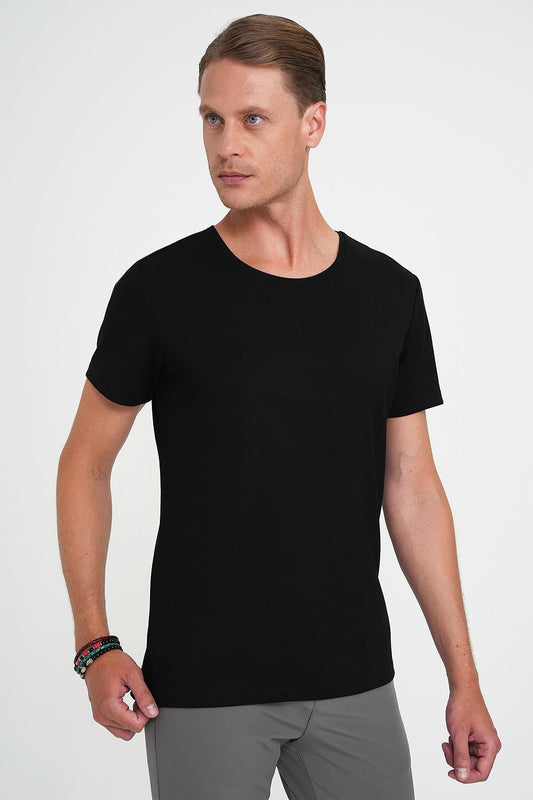 Comfort Fit Bisiklet Yaka Esnek Pamuk Düz Siyah Tişört Ts 915